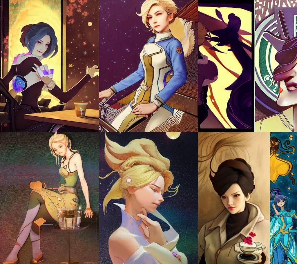 mercy from overwatch having tea at starbucks, nebula reflections, good lighting. beautiful. epic., in the style of Yoshitaka Amano and James Gurney, LOGO, an exquisite and beautiful rendition, fascinating, art by ilya kuvshinov and gustav klimt, side by side, ghibli animated film