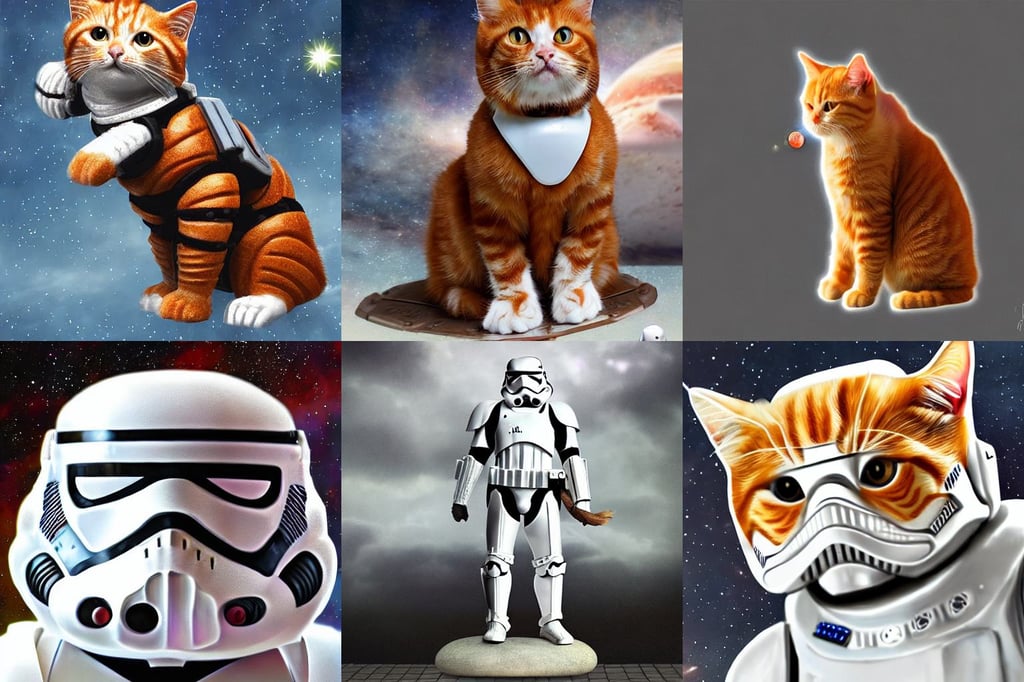 a cute ginger cat in stormtrooper armour, highly detailed!! digital painting, Ray tracing, small against the backdrop of space, 1 5 0 mm lens, Pamukkale