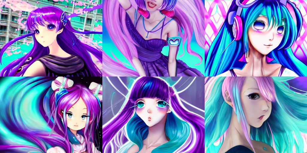 portrait of a girly girl miku hatsune, purple and blue ribbons, turbulent ocean in the background, retrofuturistic digital painting, lavender and blush pink accents, brave. by makoto shinkai, kapton, a soldier girl, beautiful shiny white rich galactic gogo dancer clowncore russian cyborg college girl, a monorail train in the street high fashion, art by seb mckinnon