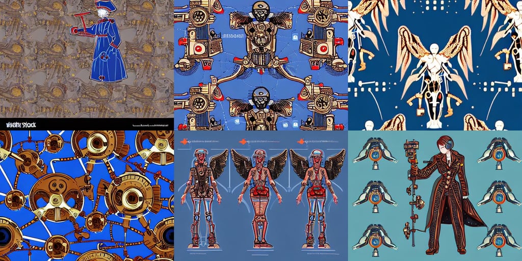 seamless pattern of steampunk cybernetic biomechanical robotic angel of death, plane leaving, photo - bash, holding a staff and wearing a robe vest, character concept art, apathetic young maid nazi ss military noble commander, blue and red color scheme, deep blue ocean, city of computer parts and wires, dynamic lights