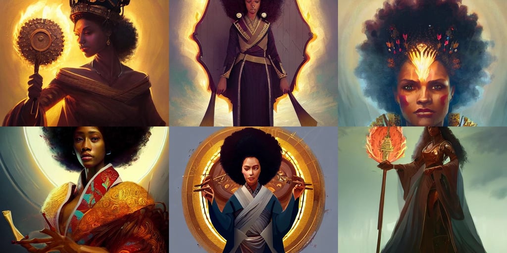 a fancy portrait of a great queen by Greg Rutkowski, made of shapes, bold lines, magical fantasy, body fully clothed, cinematic lighting, woman with an afro wearing a kimono, holding wooden shield and flaming holy symbol