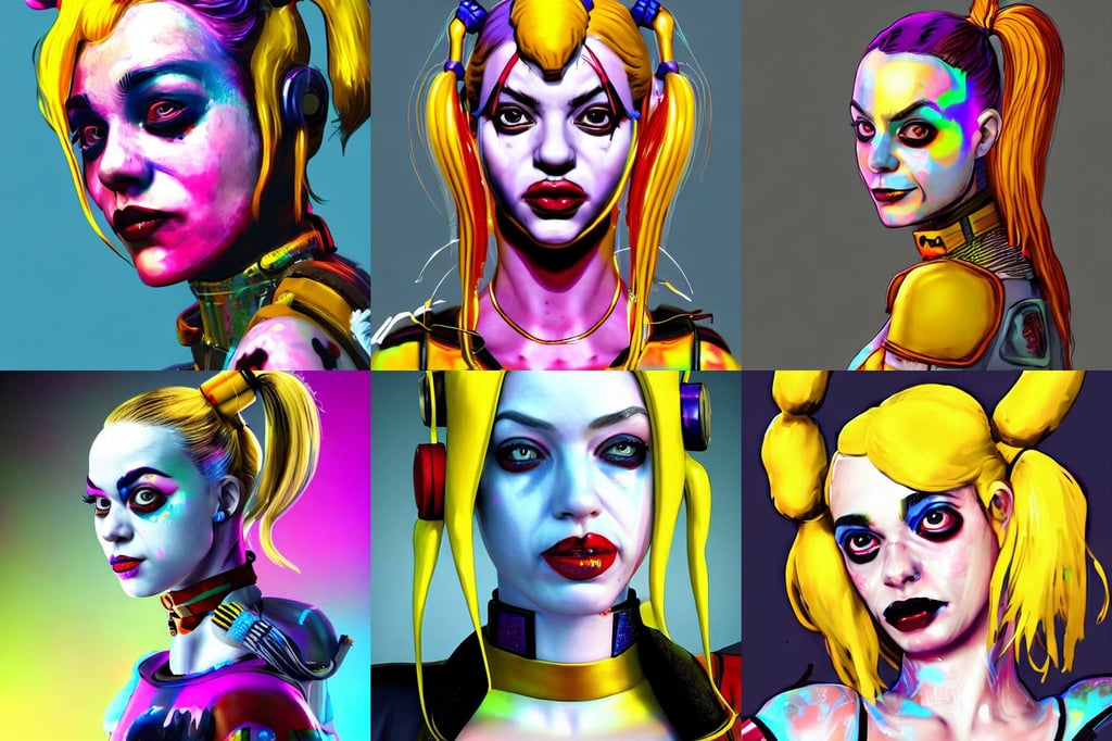 lofi biopunk portrait of harley quinn, yellow suit, blossom, holographic undertones, | 35mm|, in the style of artstation