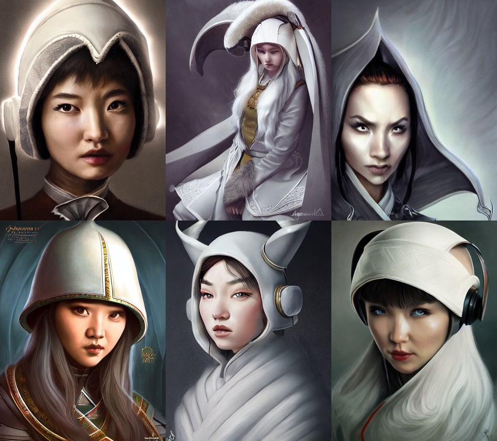 genghis khan, Tolkien, art by artgerm and piotr jablonski, white headphones on her head and a white bow, vail, evil, higher contrasts