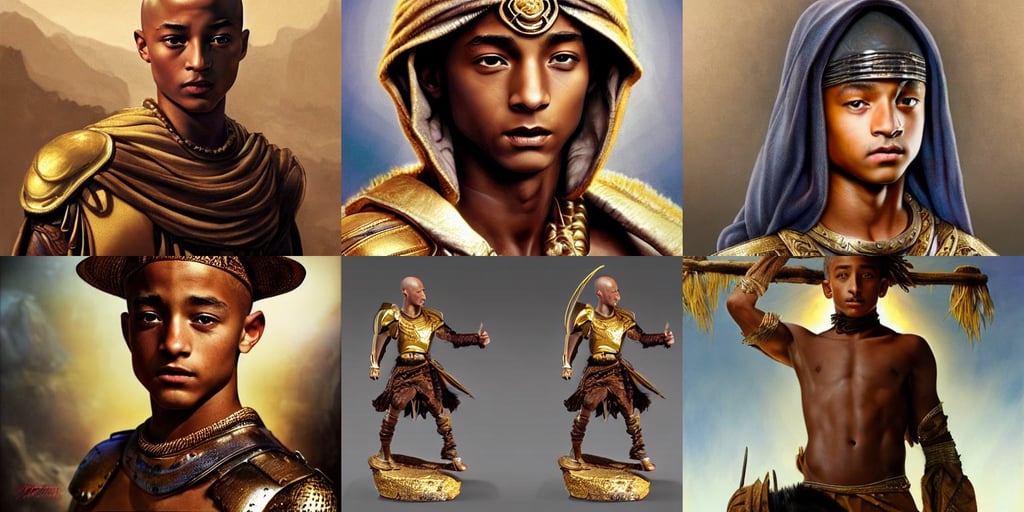 young bald jaden smith as ancient bedouin, beautiful gold eyes, frank Frazetta, fresh, studio lights, artwork by artgerm and rutkowski, heavy brown metallic armor