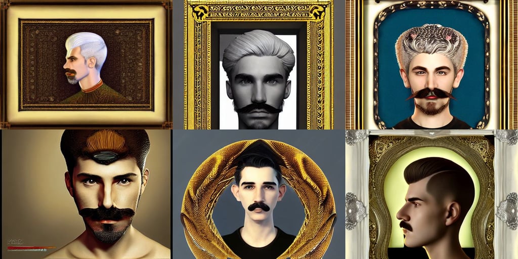 young man with short white hair and moustache, ue4, intricate art deco mushroom designs, cgsociety gustav klimt frame