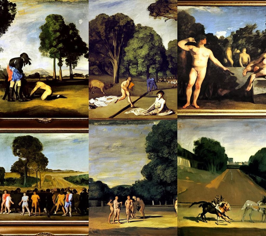 the race is about to beging by Francisco Goya, trees, cute, welding sparks flying, art by Jean-michel Basquiat, big pecs, art by Édouard Manet, art by Nicolas Poussin, portrait, expansive sky, platonic solids