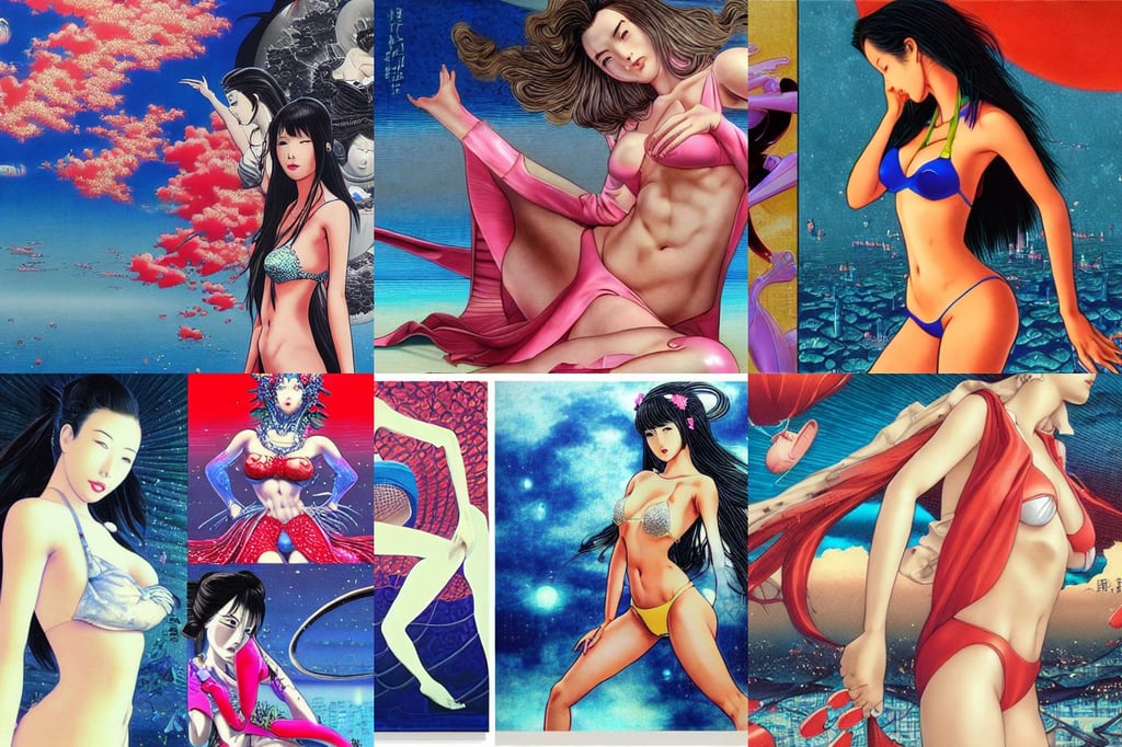 close - up princesses posing together in bikini. by takashi takeuchi, imaginefx | surrounding a futuristic japanese cyberpunk bladerunner silk screen by utagawa yoshiiku, hyper realistic art, full body shot including head, by miho hirano, computer art, large red planet in sky background, Marvel, gustave dore, art by Stanley Lau and Artgerm and magali villeneuve and Alphonse Mucha, dribbble, she is frightened