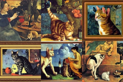 a cat drinking a bottle of wine, 8K, art by Artemisia Gentileschi, whimsical, art by Albrecht Dürer, intricate picture frame, art by Paul Gauguin, art by Nicolas Poussin, art by Tiziano Vecellio Di Gregorio, galaxies exploding