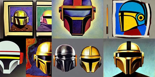 Mandalorian Daft Punk helmet armor portrait, art by Piero Della Francesca, art by Wassily Kandinsky - Photo, sketch of alien faces, art by Sir Peter Paul Rubens, art by Francis Bacon, houses, art by Vincent Van Gogh, he uses them to make modifications | in the style of Peter Mohr..., by Weta Digital, tempting, art by William Blake, granblue fantasy, smooth reflective metal, Bokeh, ..., intricate devil goat chimaera realistic, art by Albrecht Dürer, art by Michelangelo Merisi Da Caravaggio, sitting at a workbench, symmetrical face