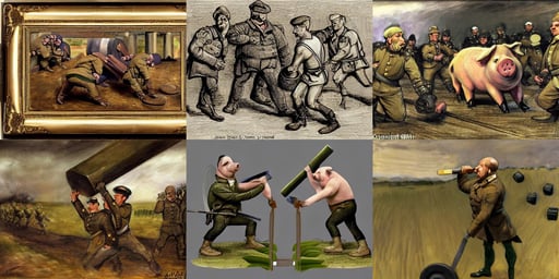 anthro pig lifting weights, a potato dressed as a french general in a trench battle among cucumbers soldiers, and John Everett Millais, up light, art by dave kendall, arnold render