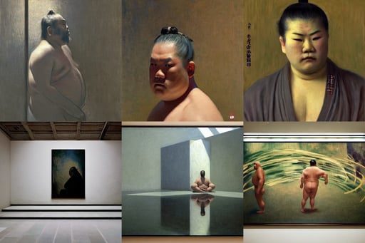 Sumo god Yebisu portrait, De-Noise, bill henson style, volumetric lighting, Narrow steep staircase, he uses them to make modifications | in the style of Peter Mohr..., art by Claude Monet, art by Caspar David Friedrich, art by Rembrandt Van Rijn, art by Edward Hopper, Clear Reflections, art by Artemisia Gentileschi, art by Jean-michel Basquiat, spitting acid, art by Magdalena Carmen Frida Kahlo Claderón, art by Paolo Uccello