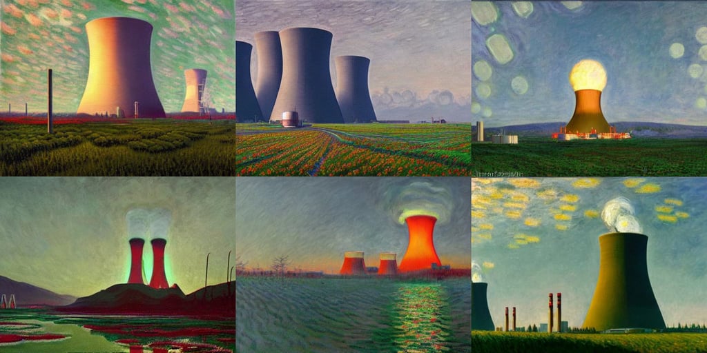 A nuclear power plant in utopia by Simon Stålenhag and Claude Monet, oil on canvas