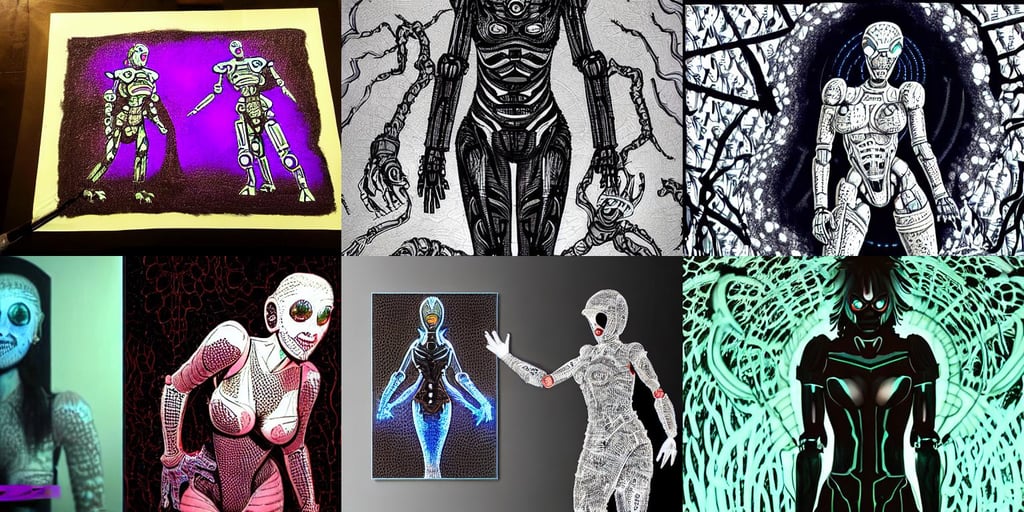 mother demogorgon in the background, blacklight reacting, Full Body, mujer cyborg en lencería besando a un robot sobre una cama, stipple, white lace dress, by senior environment artist