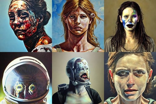 full shot of a beautiful venus monster astronaut defined facial features, photo-realistic, the artist who painted this, in the walking dead, cart