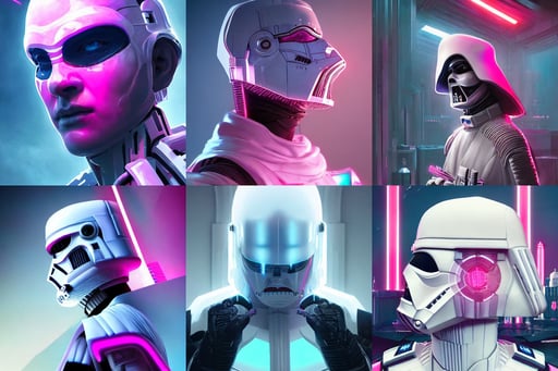 portrait shot of a white darth vader in cyberpunk 2 0 7 7, Migrant Colonizer morph child morph, epic composition, Ilya repin, macro photography, mansion interior in the background, dynamic angle, neon blue and pink, featured artstation, whole figure, cottage, Patrick Brown