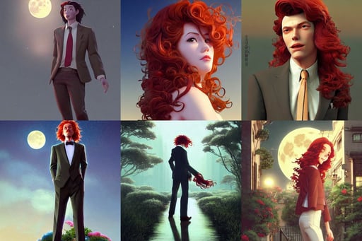 full moon, romance, beautiful lips, 3d rendered in octane, art by studio ghibli, by james gurney wlop, long gorgeous red hair in loose curls, wearing a stylish men's suit, intricate background by craig mullins, stiff joints