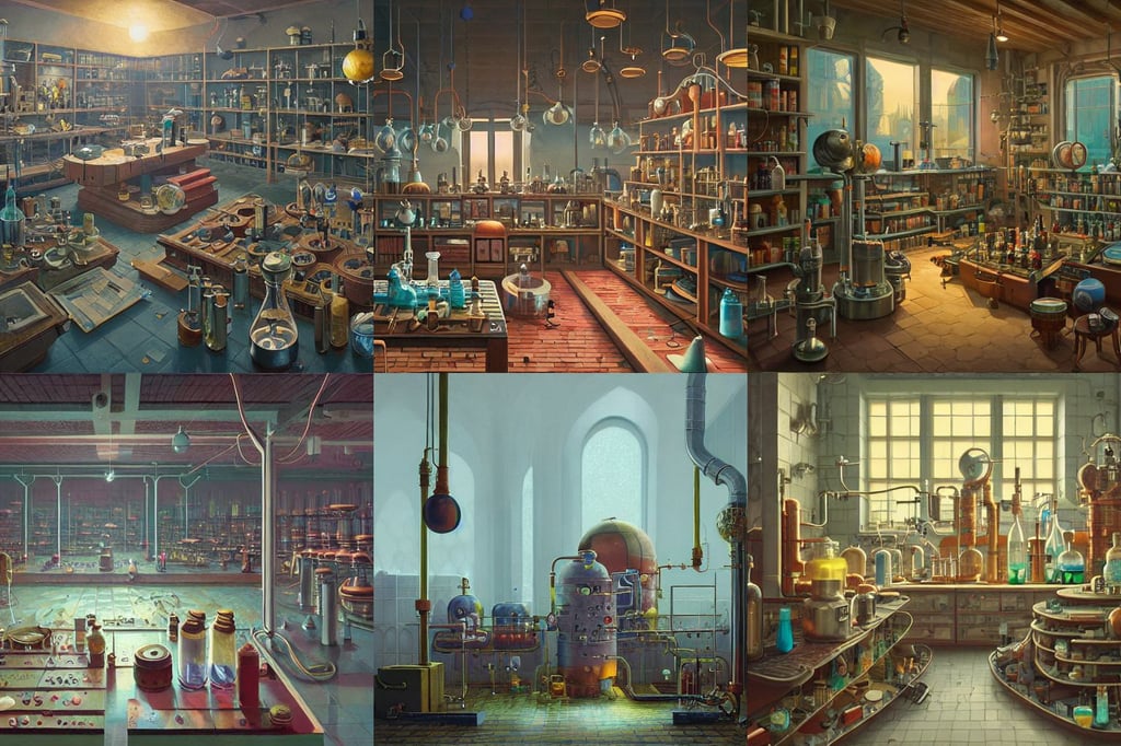 The alchemist's laboratory, grandiose and complex, by Gerardo Dottori and Simon Stålenhag, oil on canvas