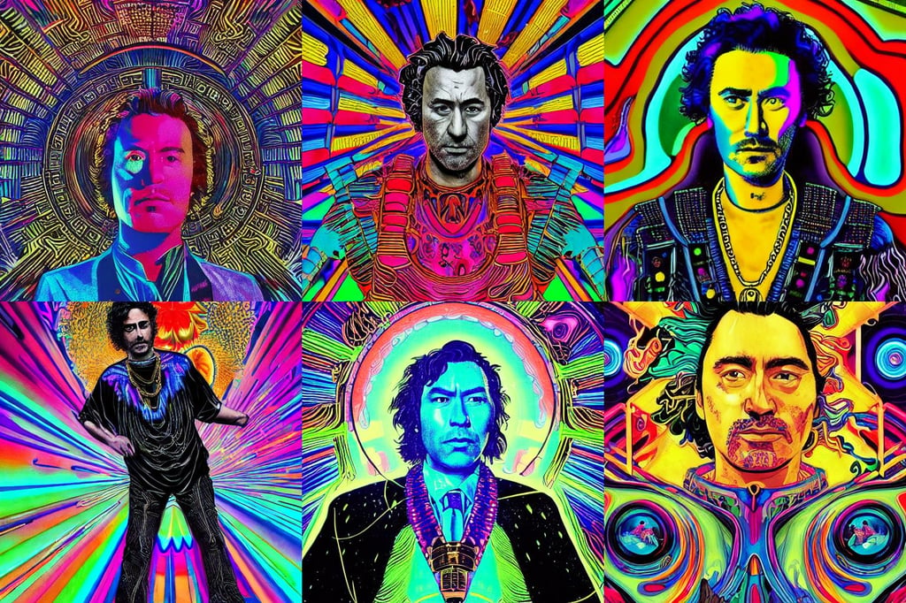 frank lloyd wright, psychedelic black light, 8k resolution artwork, and Taika Waititi, she is wearing a black tshirt with a gold chain, 6th President of the United States, blue and red hair, nft art, soul patch, lovecraftian, large metal object, she wears samurai armor, thunderstorms and multiversal tornado, nature study, many beings walking about, gradient black to green