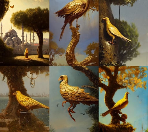 A golden mechanical bird on a bough in Istanbul by Greg Rutkowski, oil on canvas