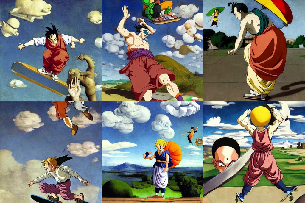 Skateboarding Gandhi dabs on the haters, art by Michelangelo Merisi Da Caravaggio, art by Joan Miró, art by Johannes Vermeer, happy, intelligent, art by Claude Monet, art by Leonardo Da Vinci, art by Pablo Picasso, levying a path of clouds behind her. Dragon ball z style high detailed anime tv show, art by Raffaello Sanzio, elegant, Octane render, art by Piero Della Francesca, art by Sandro Botticelli, rougish, digital art