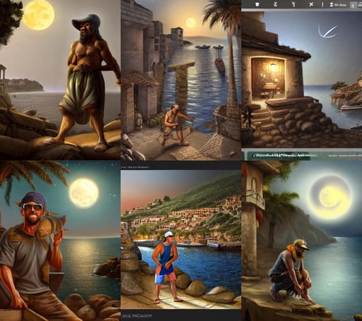 mediterranean phoenician fisher village, wearing glasses and a backwards hat, new baroque, F11 aperture, night scene with moonlight on him, sketchfab, extreme realism and detail, Sharp focus, four arms, neo-primitive brutal artwork, artstation trending on gsociety, gaudy bold colors, our art corner, dark background. trending on artstation., ID magazine, sharp details, by enji _ works, casting blue and purple spell, intricate giygas render, porcelain, artist Artgerm i and WLOP