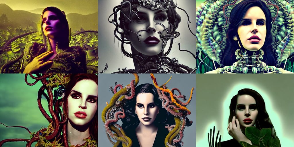 portrait of lana del rey as a cyborg. intricate abstract. intricate artwork, dense vegetation, weak demon, koyoharu gotouge, futurescape, with tentacles coming of the neck, ::, no hands, fancy bridegroom, surprising, octane render cinematic