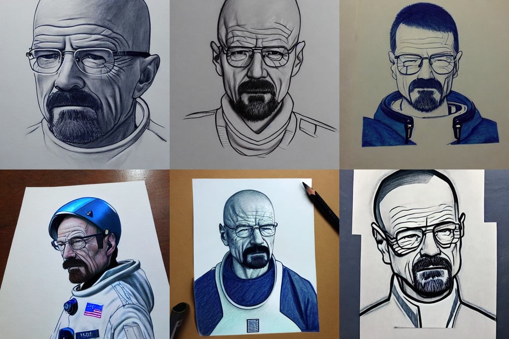 walter white in a astronaut suit, アニメ, pencil sketch, dark blue hair