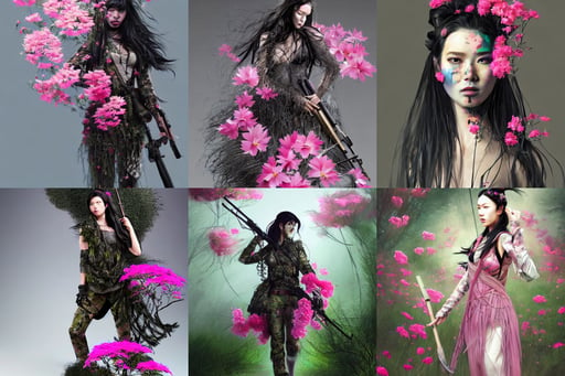 a sniper in ghillie suit with pink flowers, a beautiful girl with long black hair in, sultry digital painting, full body portrait of a black-haired fantasy female japanese warrior, Diffused lighting, greg, alexander mcqueen high fashion haute couture, art by artgerm and craig mullins, studio key, 4k render, by Miyazaki, realistic shaded lighting poster by artgerm, crystalline light rays refract dust, maximalist vaporwave