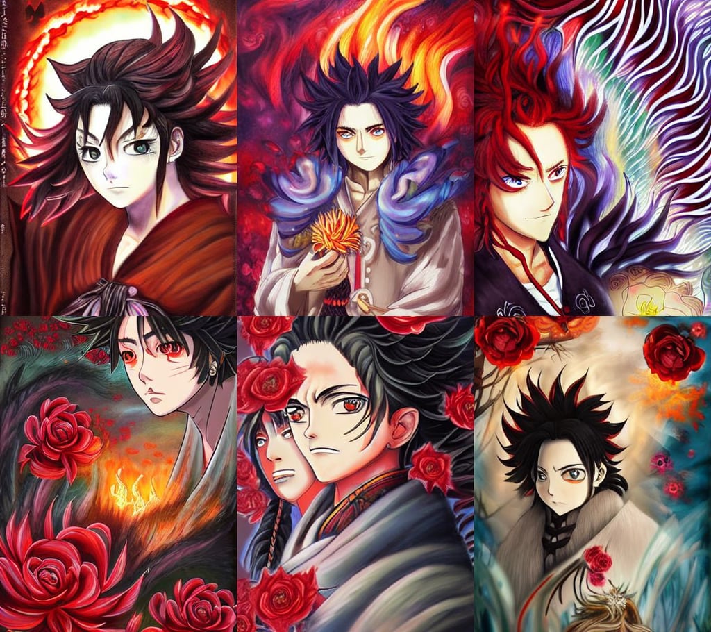 a ultradetailed beautiful panting of dreaming art by sandra pelser style, fiery wings, braided hair with roses, flame hashira rengoku kyojurou demon slayer kimetsu no yaiba