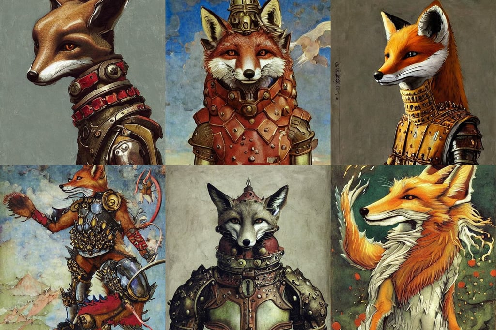 anthropomorphic highly detailed fox wearing dragon armour, art by Giotto Di Bondone, n..., art by Jackson Pollock, art by Eugène Delacroix, art by Marcel Duchamp, magical, concept art, art by Winslow Homer, art by Albrecht Dürer, art by Domenikos Theotokopoulos, Full body image, fantasy, art by Artemisia Gentileschi, dramatic clouds, art by Gerhard Richter, art by Joseph-mallord William Turner