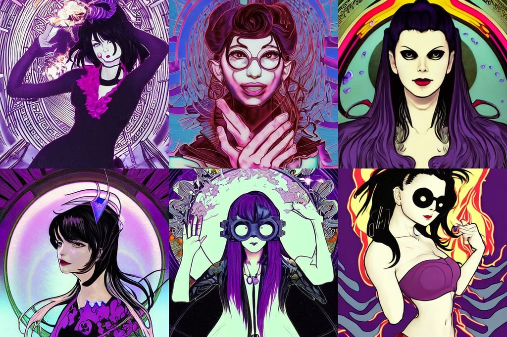 portrait of a vriska serket, dinah drake smirking. ( ( black domino mask ) ), trending pixiv aesthetic face, glitchcore witchcore, 3 d art, masterpiece., polaroid, with body made of purple lava and fire, art by artgerm and alphonse mucha and eiichiro oda, a beam of light from the heavens, ando tadao, decrepit plastic, limited color palette