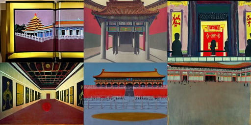 Forbidden City of China, art by Andy Warhol, art by Paolo Uccello, art by Jackson Pollock, mexico, extreme quality, a haunting scene, Lightpainting, art by Hilma Af Klint, art by Tommaso Masaccio