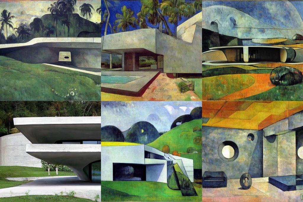 a futuristic concrete house designed by Lamborghini, art by Paul Gauguin