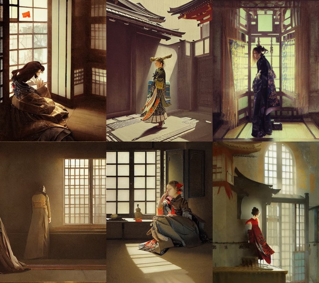 painting of michelle pfeiffer, decorated traditional japanese ornaments by carl spitzweg, medieval time, cool tones, ruan jia and greg rutkowski, big windows architecture by zaha hadid, eastman color, digital steampunk art, bird, brick walls