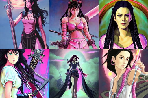 a beautiful painting of Monica Belluci, by studio ghibli painting, highly detailed by james bama, pink neon lights glow everywhere, braided hairstyle, !!!white paladin armor!!! holy sword, ecru shirt, sweet, art by waterhouse, Totorrl, the rider looks carries a large sword, opening cinematic of a blockbuster video game, Munkácsy, dark lit candles