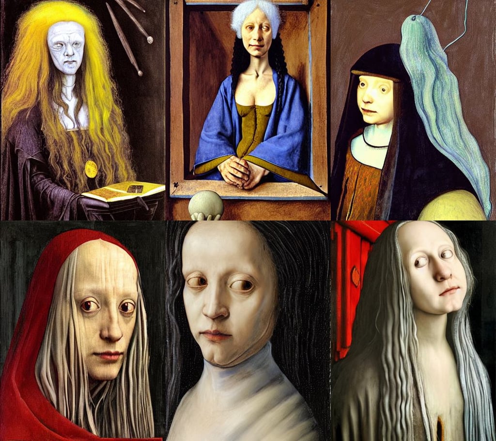 wizard woman long white hair, rougish, art by Diego Velázquez, art by Piet Mondrian, art by Jan Van Eyck, art by Marcel Duchamp, art by Leonardo Da Vinci, dark, art by Tiziano Vecellio Di Gregorio, wet slimy, digital painting, surprised and shocked expression, art by Francisco De Goya