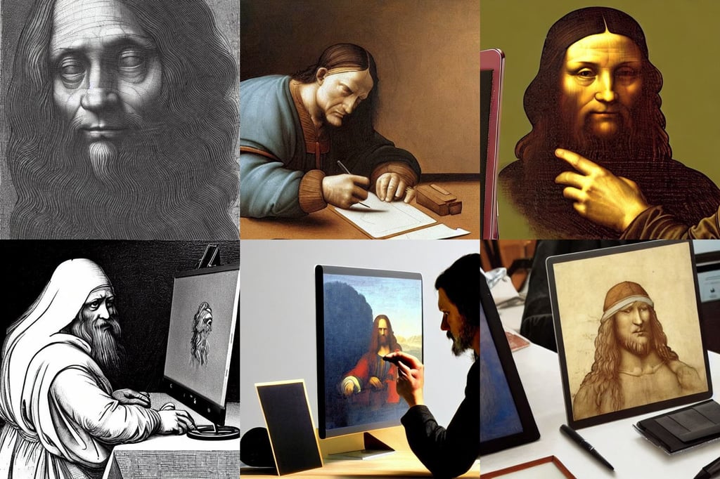 leonardo da vinci painting a picture of leonardo da vinci with a wacom graphic tablet on a iMac Pro