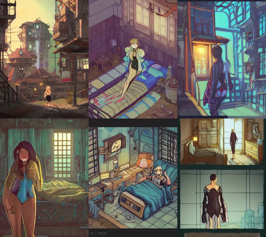 castle and town, other bedrooms can be seen, manic, !! concept art, daedalic entertainment, jean jacket, lofi feel, mustache and soul patch, posing in one - piece swimsuit. by takashi takeuchi, realistic shaded lighting cyberpunk futuristic, sunlight glistening, intricate dress, 45 angel by krenz cushart and mucha and akihito yoshida and greg rutkowski, very sharp