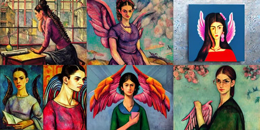 librarian with imp wings, alena aenami, pink, illustrative, art by Tiziano Vecellio Di Gregorio, intricate details, 1960s art, art by Rembrandt Van Rijn, art by Domenikos Theotokopoulos, art by Paul Cézanne, photo realistic, art by Magdalena Carmen Frida Kahlo Claderón, photograph, symmetrical