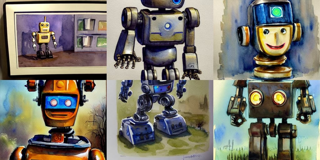 A friendly robot, watercolor by James Gurney