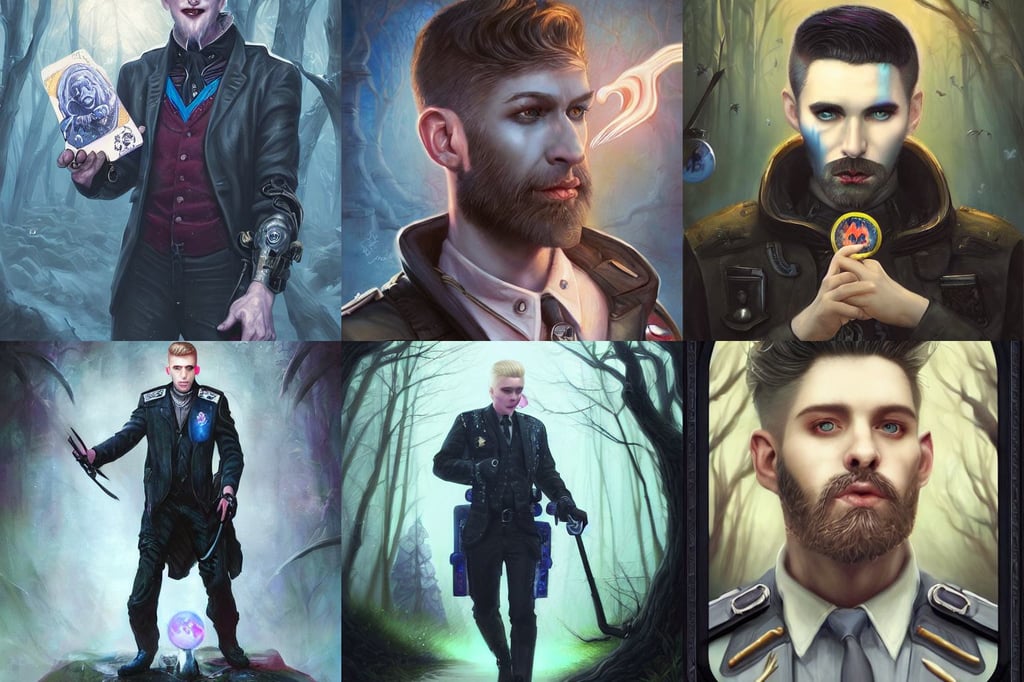 portrait painting of a vampire police officer with pale skin short blond hair and a patchy beard, With Magical grey eyes by Tom Bagshaw, and artgerm, walking through a psychedelic forest, hearthstone card game art frame, distant, his suit is black and blue and he has a bat like wing suit under it, cyberpunk pincushion lens effect