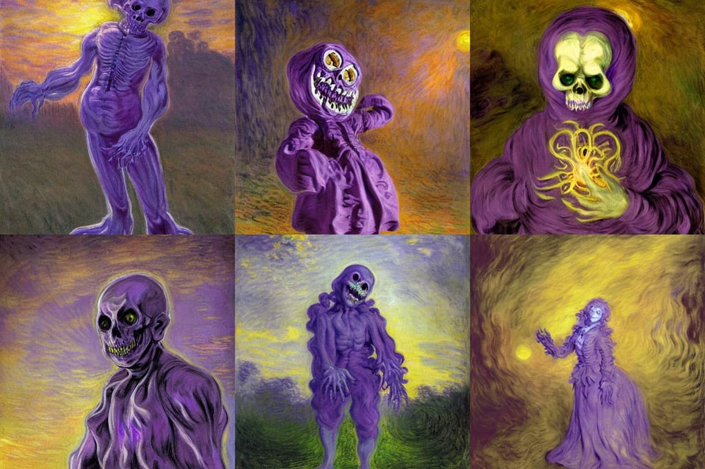 Purple Ghoul full body cute , volumetric lighting, art by Sir Peter Paul Rubens, art by Claude Monet, golden hour