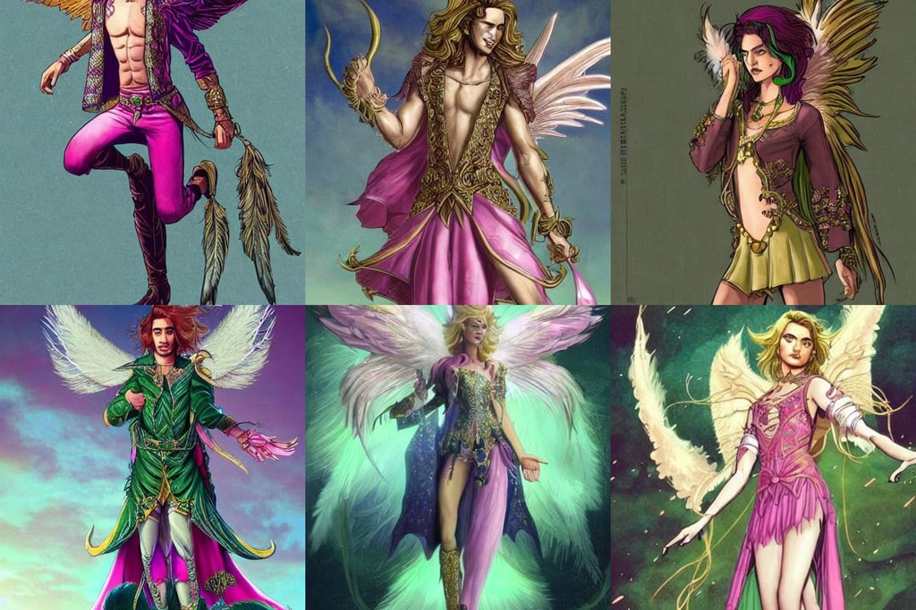 Avan Jogia as an angel elf. Large green gold feathers. Character design by charlie bowater, making hand passes to create new era, michael kaluta, in pink short mini skirt