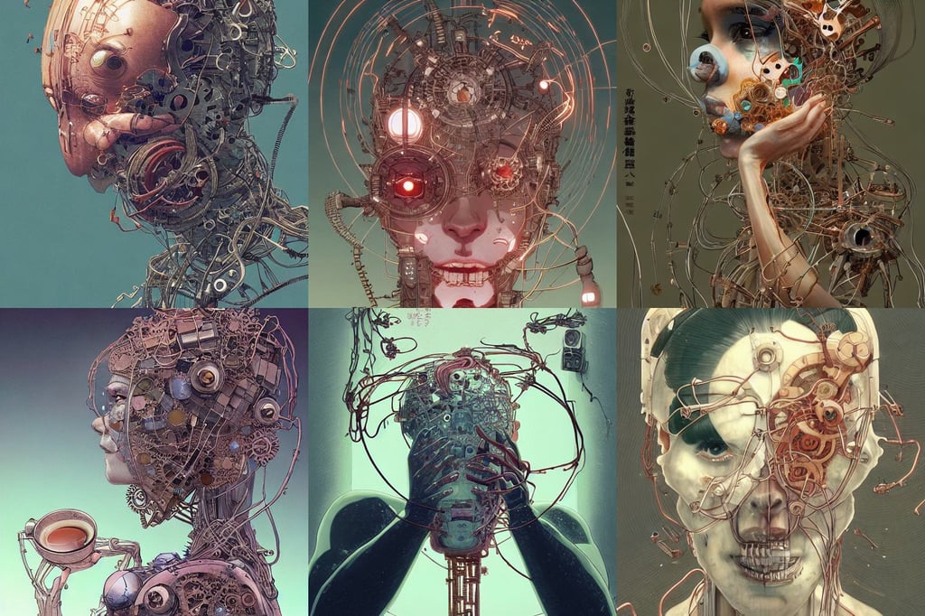 cyborg removing its human mask revealing wires and gears behind its fragile looking face, by WLOP and James Jean and Victo Ngai and Ryohei Hase, drinking tea