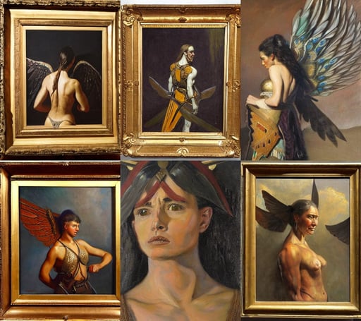 3 / 4 view of a warrior woman with wings, oil on canvas by william sidney mount - 1 9 8 2