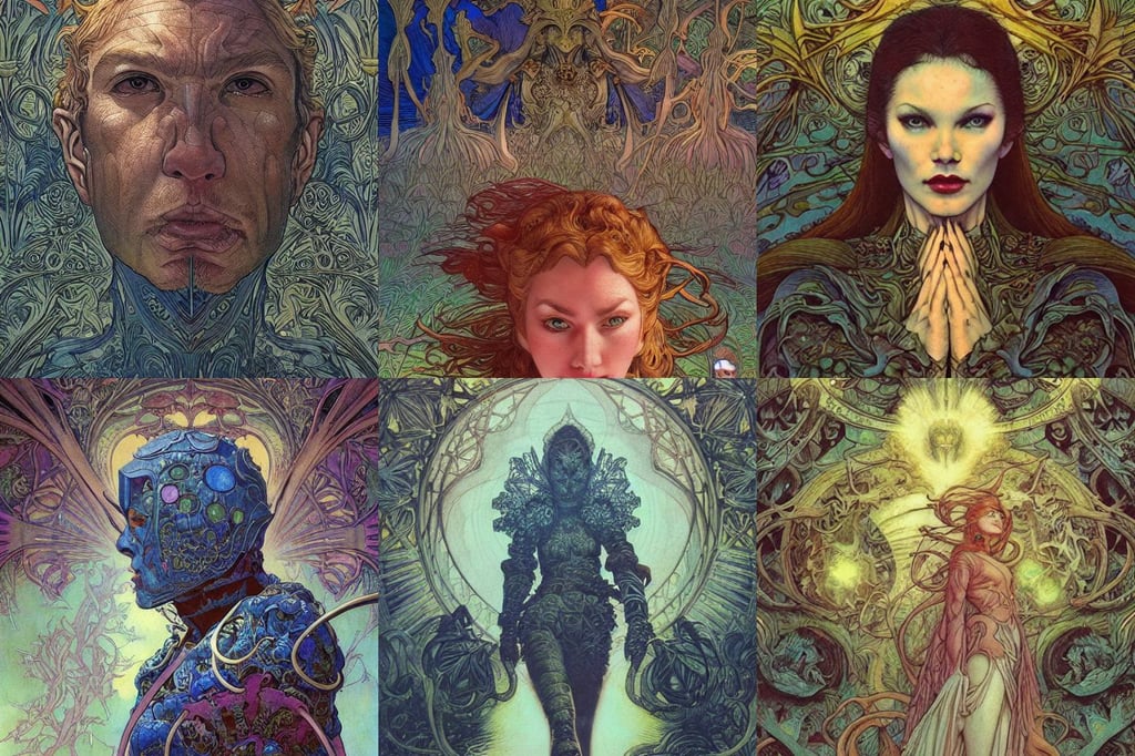 a dream world, art by james jean and philippe druillet and justin gerard, exterior, ernst fuchs and artgerm. trending on artstation, art by william morris, narrowed eyes, large aquiline nose!!, by giovani magana, jeremy lipkin and michael garmash, art by artgerm and greg rutkowski and alphonse mucha and ian sprigger and wlop and krenz cushart, winning-award masterpiece, in the style of simon Bisley, path to heaven, clean and textures