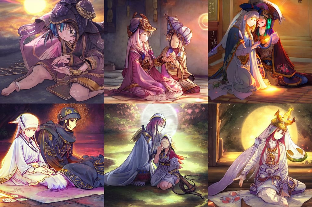 picture of cute priestess using healing magic on a wounded black - armored knight on the floor, magic luminescent sunset, ( highly detailed figure ), yukata clothing, wearing a classic sleeping cap, solid bacgkround