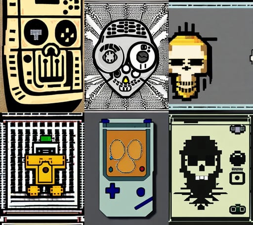 concept art for a gameboy kid character, the skull is decorated with art deco patterns, tease