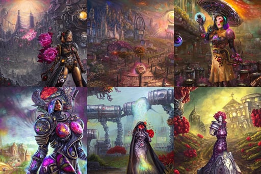 A painting of winery in autumn, detailed city background, cracked obsidian geometric fantasy art, warhammer 40k chaos god nurgle with the face of alex jones, sakimichan style, surrounded with spiriling sparkling rose crystals and galaxies, a majestic woman in a futuristic cyber clothing, sci-fi face, ultra wide angle, Riot Games concept art