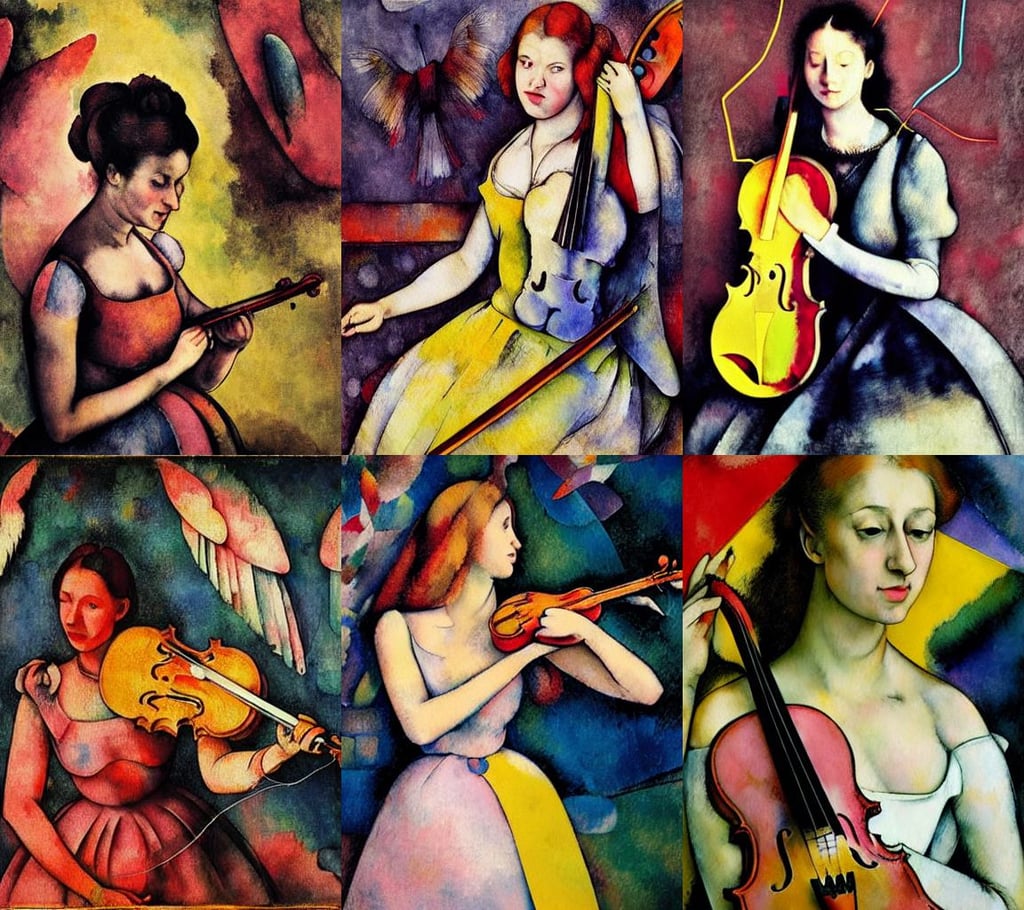 beautiful woman with white dress playing violin, dark yellow and pink tones, art by Albrecht Dürer, happy, art by Paul Cézanne, Bokeh, Houdini-Render, portrait, art by Wassily Kandinsky - Photo, spreading wings, houses, exposed red and blue wires on arms, art by Andy Warhol